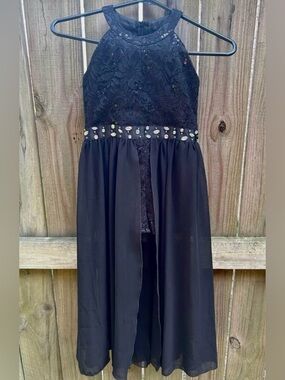 Black Formal Girls Dress Size 7 Lace Romper Mesh Overlay Pageant Party